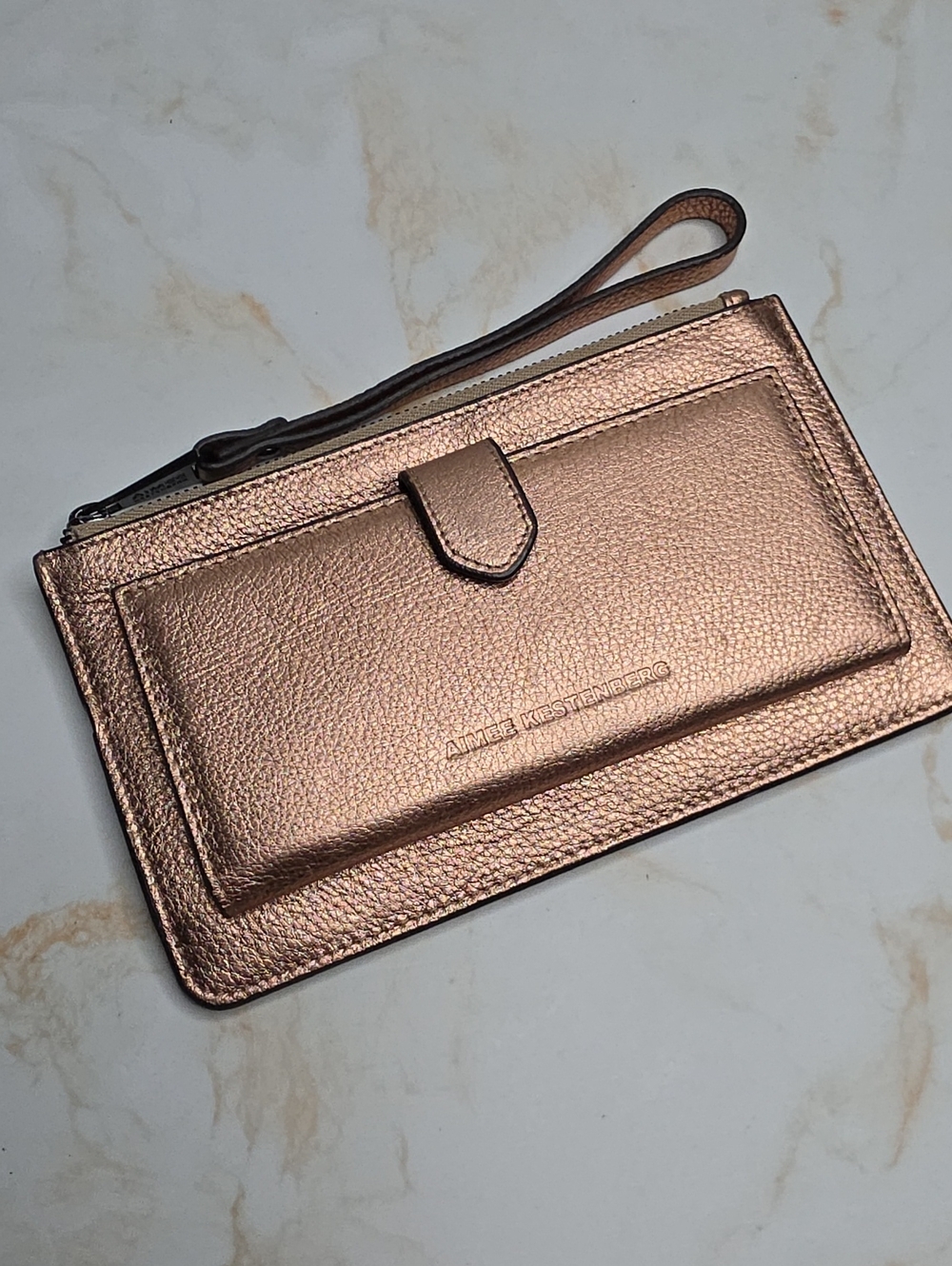 Aimee Kestenberg rose gold pebbled leather wristlet wallet front snap